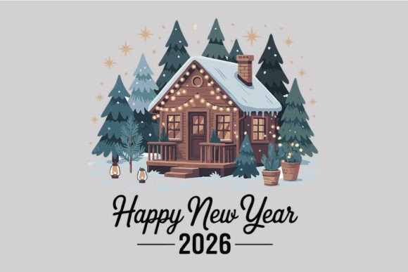 Happy New Year 2026 Winter Cabin SVG C